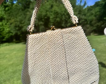 Vintage Corde Bead White Beaded Purse – Lumured Made in USA Evening Bag w/ Pearl Handle
