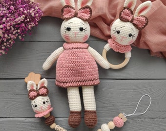 Bunny Newborn Set Amigurumi Crochet Toy 35cm" | Organic Cotton Stuffed Plush Animal | Safe Baby Gift for Girls and Boys 3 Mth to 3 Yrs Old