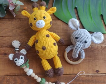 Safari Monkey Elephant Giraffe Newborn Set Amigurumi Crochet Toy 28cm" | Organic Cotton Stuffed Plush Animal | Safe Baby Gift