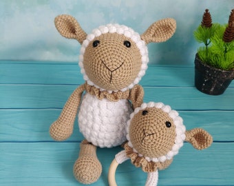 Lamb Amigurumi Crochet Toy 35cm" | Organic Cotton Sheep Set | Safe Baby Gift for Girls and Boys 3 Mth to 3 Yrs Old