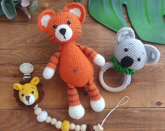 Safari Tiger Lion Koala Newborn Set Amigurumi Crochet Toy 28cm" | Organic Cotton Stuffed Plush Animal | Safe Baby Gift for Girls and Boys
