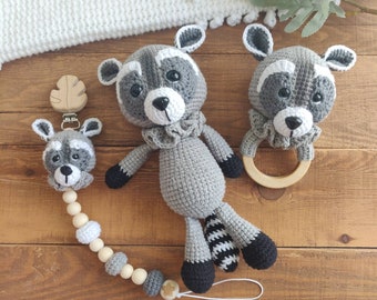 Racoon Newborn Set Amigurumi Crochet Toy 25cm " | Organic Cotton Stuffed Plush Animal | Minimalist Personalized Gifts For Babies