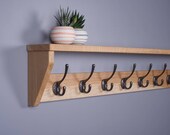 Oak Coat Rack With Shelf, Wooden, Cast Iron Hooks, Handmade