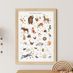 Impresión del alfabeto del bosque para guardería, arte de pared para habitación infantil con animales del bosque de la A a la Z, arte enmarcado en póster.