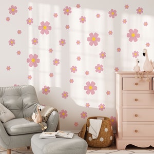 Pink Daisy Stickers, Flower Decals, Nursery Decor, Removable Wall Decals, Polka Dot Decals, Peel & Stick