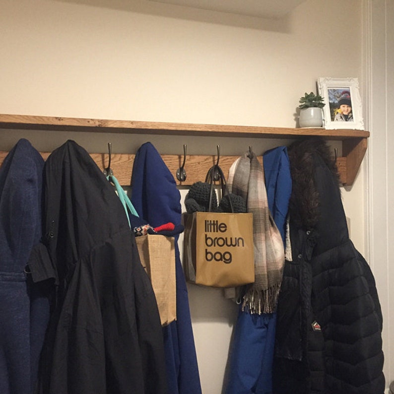 Oak Coat Rack With Shelf Wooden Cast Iron Hooks Handmade Etsy