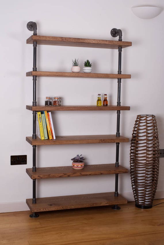 Vintage Industrial Pipe Shelving Unit Solid Oak Shelves Etsy