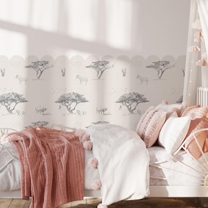 Safari Wandpaneel, Halbe Wand Kinderzimmer Aufkleber, Kinderzimmer Dekor, Abnehmbare Kunst, Polka Dot Aufkleber, Schälen und Kleben, Löwe, Giraffe, Elefant