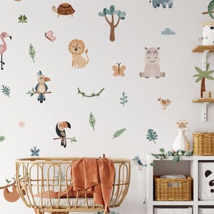 Adesivi murali animali della giungla, decorazioni per la cameretta dei bambini, adesivi murali rimovibili, adesivi a pois, stacca e attacca, leone, zebra, giraffa, elefante