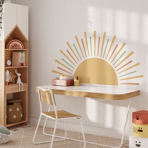 Adesivi murali Boho Sun per la cameretta dei bambini, adesivo acquerello Half Sun, decorazione per la cameretta dei bambini, arte murale rimovibile, adesivi a pois, stacca e attacca
