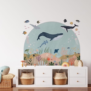 Adesivi murali ad arco raffiguranti animali marini, decorazioni per cameretta dei bambini a tema oceano, adesivi murali rimovibili, adesivi a pois, stacca e attacca, pesci, balene, delfini.