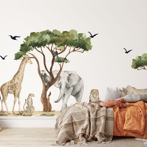 Safari Animals Wall Decals, Savannah Tree Stickers, Nursery Decor, Removable Wall Decals, Lion Zebra, Peel & Stick