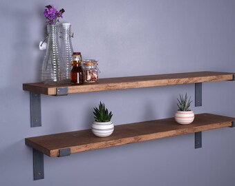 Solid Oak Vintage Industrial Shelf 9"- 225mm - Including Metal Brackets - Handmade Shelves