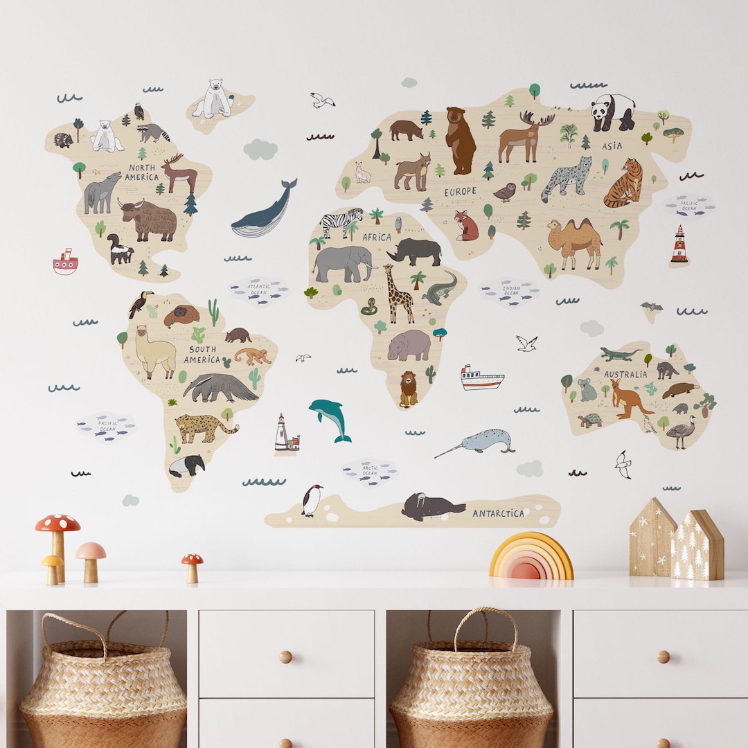 Animals World Map Wall Decals: Kids Nursery Decor (45 Decals) - Etsy