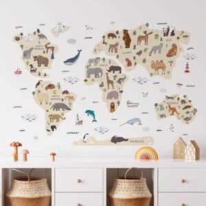 Wandsticker Weltkarte, Globus Tiere, Kinderzimmer Wandsticker, Kinderzimmer Thema, Spielzimmer, Schlafzimmer Dekor, Abziehbilder, Abziehbilder, Löwe Elefant