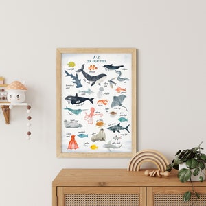 A-Z Meereskreaturen Kinderzimmer Druck, Ozean Alphabet Kinderzimmer Wandkunst, Unter dem Meer Poster gerahmte Kunst.