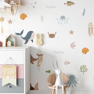 Adesivi murali animali dell'oceano, adesivi murali per camerette dei bambini, tema vivaio marino, sala giochi, decorazioni per camera da letto, adesivi stacca e attacca vita marina, pesci