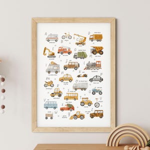 Transport Alphabet & Zahlen Kinderzimmer Druck, Autos, Lastwagen A-Z, Kinderzimmer lernen Wandkunst, Poster gerahmte Kunst. 1-10