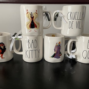 Rae Dunn Disney Villains Mugs Double Sided, Mug Stack, Canister-Click Drop Down Menu and Select