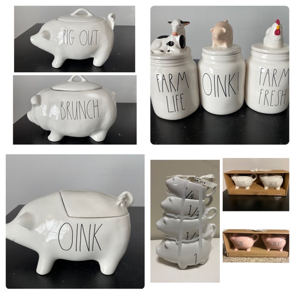 Rae Dunn OINK, Farm Life, Pig Out, Brunch Canisters, Sugar & Creamer Pig Set, Pig Measuring Cups-Click on the Drop Down Menu and Select