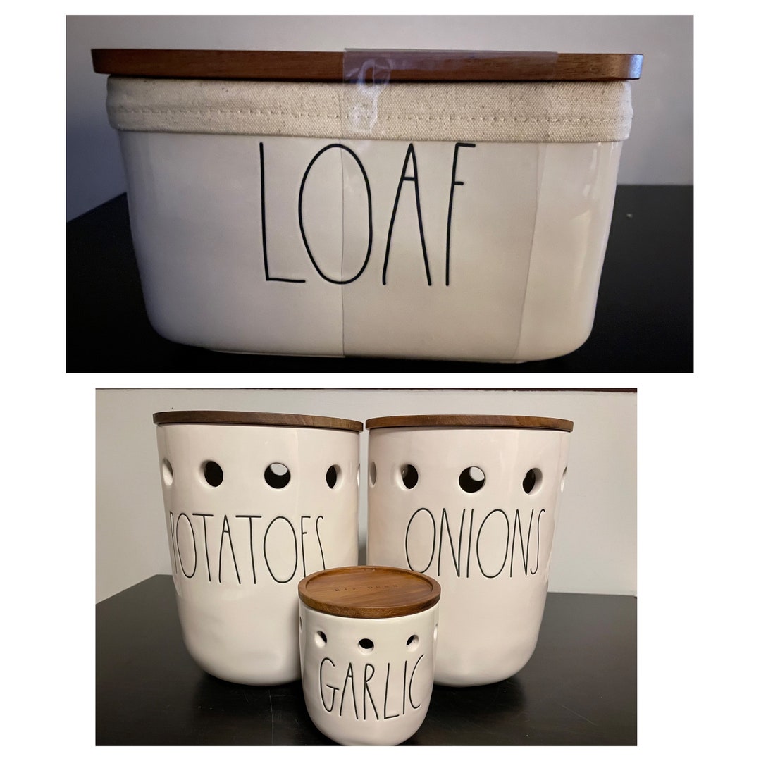 Rae Dunn POG Set of 3, Potatoes, Onions, Garlic, Canisters, Bread Box
