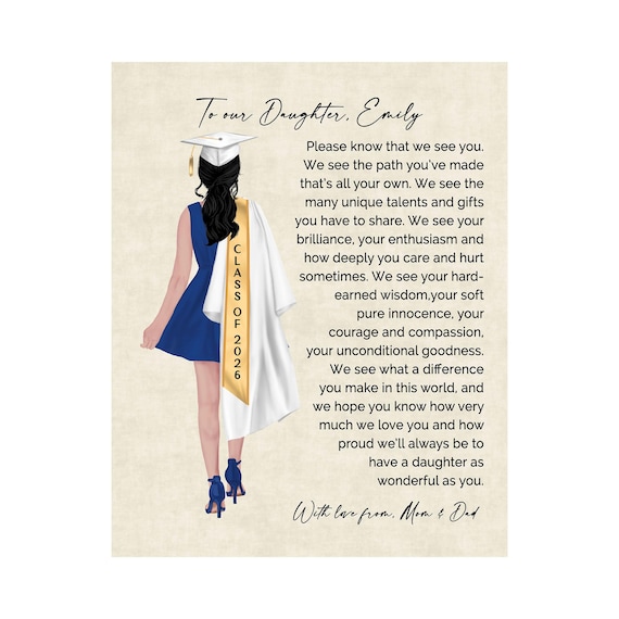graduation dress quotes Gift for Daughter, Personalized, Graduation Print Girl, Custom Grad Print With Quote, Keepsake, Daughter Today and Always white and black Weill dress with faux pockets