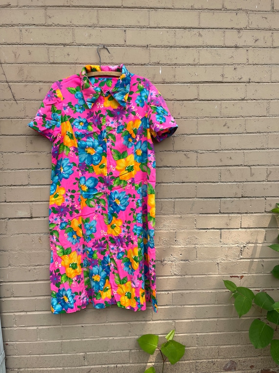 60s/70s Neon Floral Handmade Dress