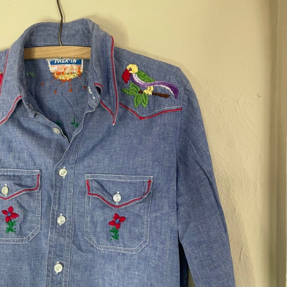 60s Pack-In Hand Embroidered Chambray Denim Shirt - image 2