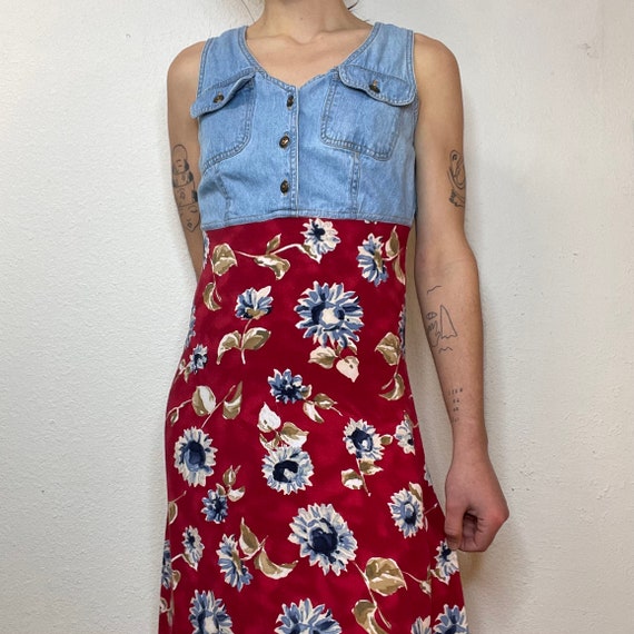 90s California Concepts Denim and Floral Maxi Dre… - image 1