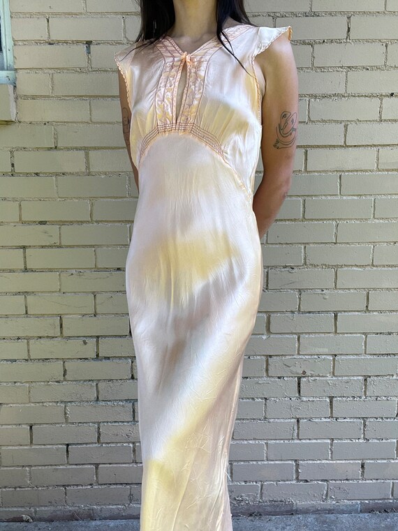 1930s Rayon & Silk Slip Dress: Vintage Bias Cut Pale Pink Nightgown, Lace Trim