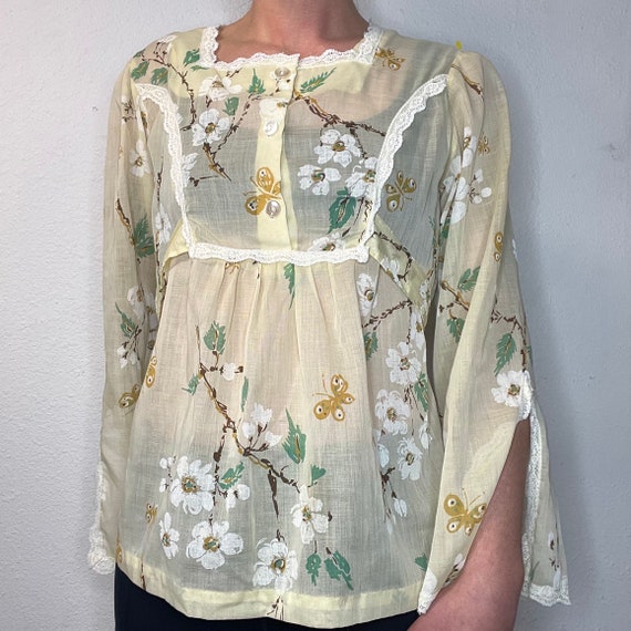 Vintage 60s/70s Butterfly Bell Sleeve Blouse - image 1