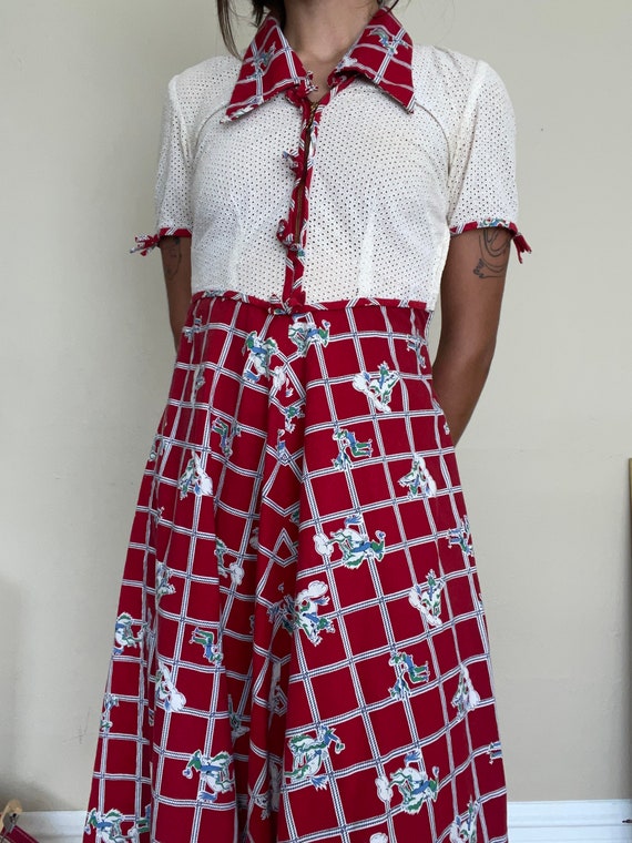 70s Cowboy Mesh Collared Red Vintage Dress