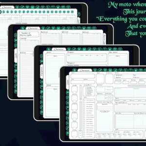 May include: Four different character sheets for a role-playing game. Each sheet has a different layout and includes sections for character name, stats, skills, spells, and equipment. The sheets are printed on white paper with black text and green accents.