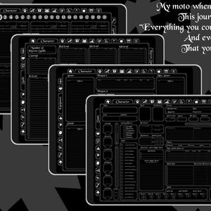 May include: Four black and white digital character sheets for role-playing games. The sheets are designed for use on a tablet or phone. The text on the sheets reads "Character".