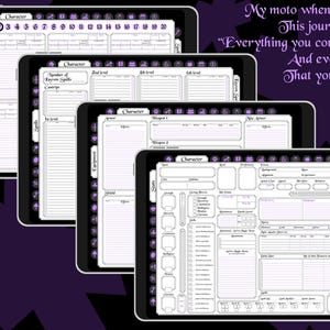 May include: A stack of digital tablets displaying character sheets for a role-playing game. The sheets are white with purple accents and include sections for spells, weapons, and character stats. The text on the image says "Everything you could need and even more that you won't."
