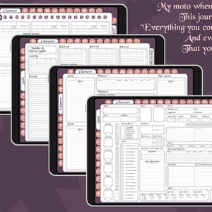 May include: Four digital character sheets for a role-playing game. The sheets are on tablets with pink and white borders. The sheets are filled with lines and boxes for players to fill in character information. The text on the sheets reads "Character".