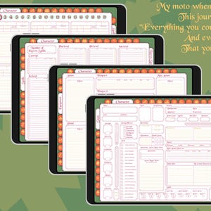 May include: Four digital character sheets for a role-playing game. The sheets are on tablets with white backgrounds and pink lines. The sheets are filled with text boxes and columns for character information. The sheets are surrounded by a border of orange and red dice.