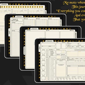 May include: Four digital character sheets for a role-playing game. The sheets are designed for use on a tablet or phone. The sheets are filled with information about the character, including their name, race, class, and abilities. The sheets are designed in a medieval style with gold accents.