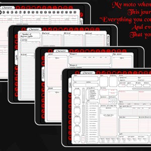 May include: Four different character sheets for role-playing games. Each sheet has a red border with a pattern of dice. The sheets are printed on white paper and have lines for writing.