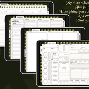 May include: Four digital character sheets for a role-playing game. The sheets are on a green background with gold accents. The text on the sheets includes "Character", "Spells", "2nd Level", "3rd Level", "Alignment", "Experience", "Strength", "Dexterity", "Constitution", "Intelligence", "Wisdom", "Charisma", "Armor Class", "Hit Points", "Speed", "Saving Throws", "Skills", "Proficiencies", "Equipment", "Languages", "Background", "Features", "Traits", "Ideals", "Bonds", "Flaws", "Personality Traits", "Appearance", "Notes", "Daily Quest", "List of Treasures and Items", "Level Up", "Spells Prepared", "Cantrips", "1st Level", "2nd Level", "3rd Level", "4th Level", "5th Level", "6th Level", "7th Level", "8th Level", "9th Level", "10th Level", "11th Level", "12th Level", "13th Level", "14th Level", "15th Level", "16th Level", "17th Level", "18th Level", "19th Level", "20th Level".