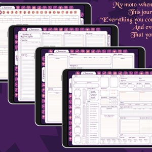 May include: Four digital character sheets for a role-playing game. The sheets are on a purple background and have a pink and white border. The sheets are labeled "Character" and have various sections for character information, including name, race, class, level, and abilities.