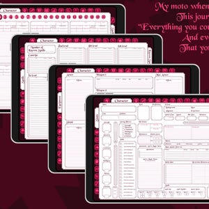 May include: Four digital character sheets for a role-playing game. The sheets are on tablets with a pink and white design. The text on the sheets includes "Character", "Spells", "Weapons", "Armor", "Background", "Experience", "Strength", "Dexterity", "Constitution", "Intelligence", "Wisdom", "Charisma", "Saving Throws", "Skills", "Proficiencies", "Equipment", "Features", "Personality Traits", "Ideals", "Bonds", "Flaws", "Backstory", "Daily Quest", "List of Treasures and Items", "Speed", "Initiative", "Armor Class", "Hit Points", "Attack Bonus", "Damage", "Saving Throw", "Skill Bonus", "Passive Perception", "Languages", "Proficiencies", "Equipment", "Features", "Personality Traits", "Ideals", "Bonds", "Flaws", "Backstory", "Daily Quest", "List of Treasures and Items", "Speed", "Initiative", "Armor Class", "Hit Points", "Attack Bonus", "Damage", "Saving Throw", "Skill Bonus", "Passive Perception", "Languages", "Proficiencies", "Equipment", "Features", "Personality Traits", "Ideals", "Bonds", "Flaws", "Backstory", "Daily Quest", "List of Treasures and Items", "Speed", "Initiative", "Armor Class", "Hit Points", "Attack Bonus", "Damage", "Saving Throw", "Skill Bonus", "Passive Perception", "Languages", "Proficiencies", "Equipment", "Features", "Personality Traits", "Ideals", "Bonds", "Flaws", "Backstory", "Daily Quest", "List of Treasures and Items", "Speed", "Initiative", "Armor Class", "Hit Points", "Attack Bonus", "Damage", "Saving Throw", "Skill Bonus", "Passive Perception", "Languages".