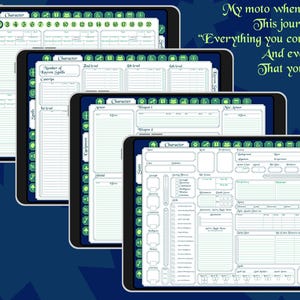 May include: Four digital tablet screens displaying a character sheet for a role-playing game. The screens are white with green accents and lines. The text on the screens reads "Character" and "Number of Known Spells".