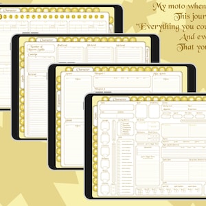 May include: Four digital tablets displaying character sheets for a role-playing game. The sheets are filled with lines and boxes for players to fill in information about their characters. The tablets have a gold and white design with a border of gold circles.