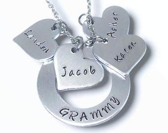 Hand Stamped Grandma Necklace with Grandkids Names, Personalized Heart Charms