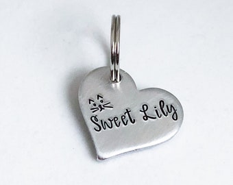 Custom Cat Tag, Small Pet Tag, Heart ID Tag, Pet Identification, Hand Stamped Pet Tag, Cat Name Tag, Collar Tag, Cat Valentine, Personalized