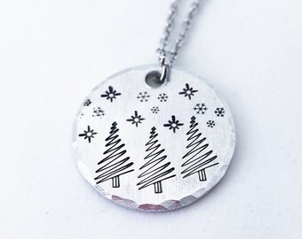 Hand Stamped Snowy Trees Pendant – Winter Christmas Necklace