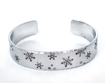 Hand Stamped Snowflake Aluminum Cuff Bracelet, Winter Jewelry