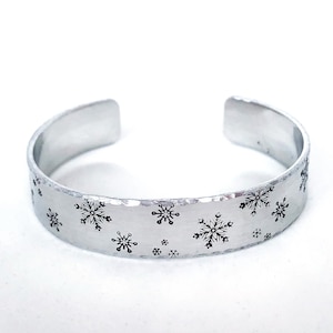 Snowflake Hand Stamped Adjustable Cuff Bracelet, Medium Minimalist Winter Bracelet, Festive Holiday Jewelry, Snowflake Jewelry, Gift for Her