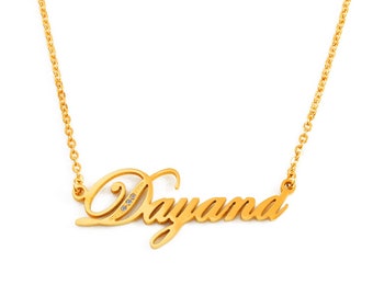 DAYANA Gold Tone Name Necklace With Crystals - Personalized Jewelry - Free Gift Box & Bag Included